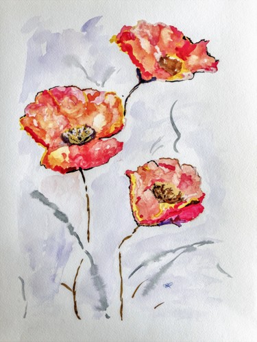 Painting titled "Red Poppies" by Sofie Papadopoulou, Original Artwork, Watercolor