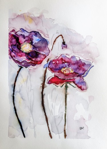 Painting titled "Elegant Corn Poppies" by Sofie Papadopoulou, Original Artwork, Watercolor