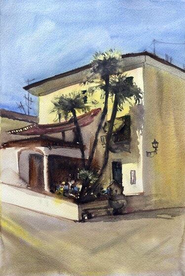 Schilderij getiteld "Café in Lugano" door Sofiia Kulichkova (Sonjakul), Origineel Kunstwerk, Aquarel