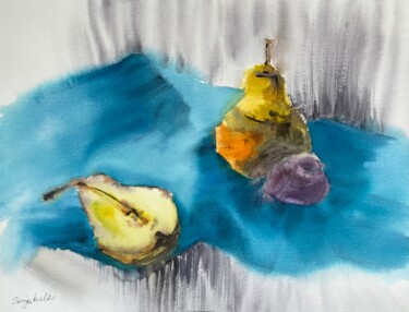 Schilderij getiteld "Pears and plum" door Sofiia Kulichkova (Sonjakul), Origineel Kunstwerk, Aquarel