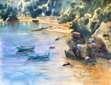Malerei mit dem Titel "Quiet Harbour" von Sofiia Kulichkova (Sonjakul), Original-Kunstwerk, Aquarell