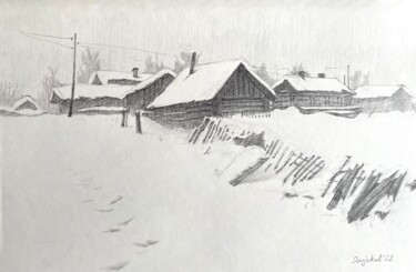 Drawing titled "Winter in village" by Sofiia Kulichkova (Sonjakul), Original Artwork, Pencil