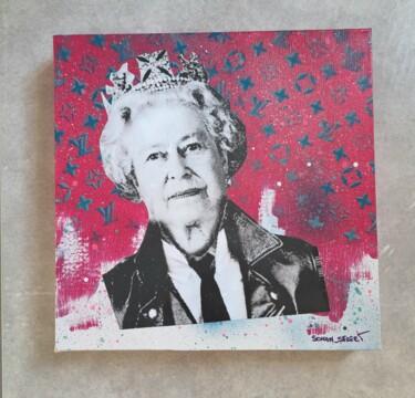 Collages getiteld "The Queen Pop Art" door Sohan_street, Origineel Kunstwerk, Collages Gemonteerd op Frame voor houten branc…