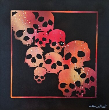 Painting titled "Skull Pyramid" by Sohan_street, Original Artwork, Spray paint Mounted on Wood Stretcher frame