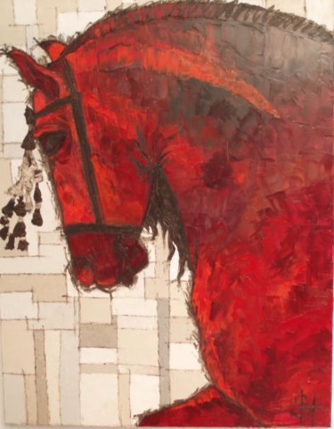 Painting titled "Cheval rouge" by Sophie Hilbert, Original Artwork, Oil