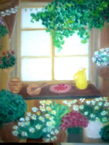 Peinture intitulée "fenetre fleurie" par Soisic, Œuvre d'art originale