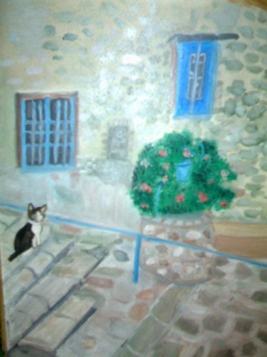 Peinture intitulée "le chat et le rosier" par Soisic, Œuvre d'art originale