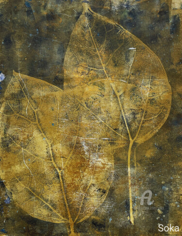 Peinture intitulée "Feuilles dorées" par Soka, Œuvre d'art originale, Acrylique