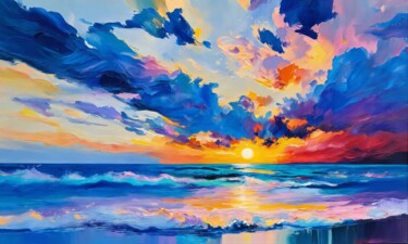 Painting titled "Seashore sunset" by Sol, Original Artwork, Oil