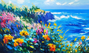 Schilderij getiteld "Flowers on seashore" door Sol, Origineel Kunstwerk, Olie