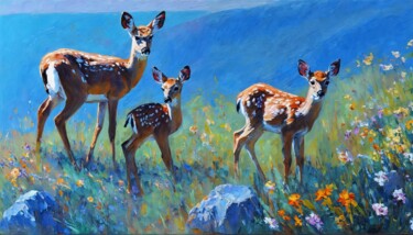 Painting titled "A doe with two fawn…" by Sol, Original Artwork, Oil