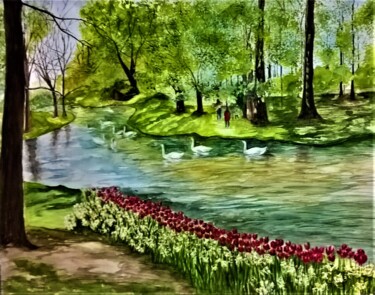 Pintura intitulada "Cisnes em Amsterdan" por Solange Esposito (SEsposito), Obras de arte originais, Aquarela