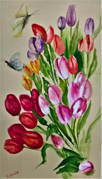 Painting titled "Tulipas" by Solange Esposito (SEsposito), Original Artwork, Watercolor