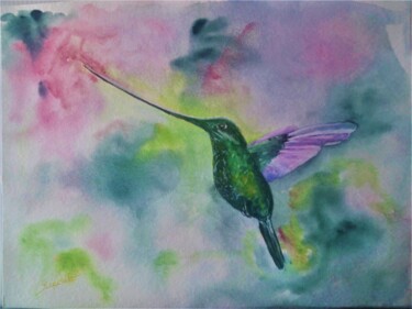 Colibri Bico de Espada Pintura intitulada "Colibri Bico de Esp…" por Solange Esposito (SEsposito), Obras de arte originais, Aquarela