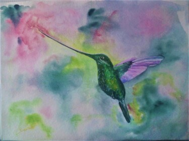 Painting titled "Colibri Bico de Esp…" by Solange Esposito (SEsposito), Original Artwork, Watercolor