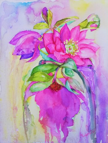 Painting titled "Helleborus Red Sapp…" by Solange Esposito (SEsposito), Original Artwork, Watercolor