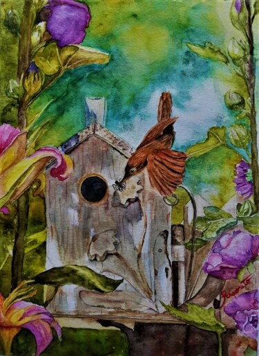 Pittura intitolato "Uccellino e suo rag…" da Solange Esposito (SEsposito), Opera d'arte originale, Acquarello