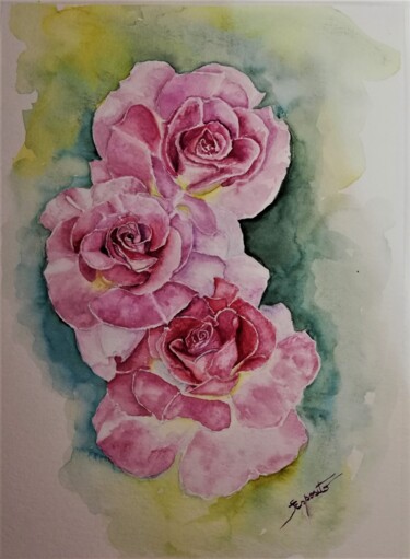 Schilderij getiteld "Rosas Rosa" door Solange Esposito (SEsposito), Origineel Kunstwerk, Aquarel