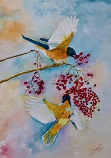 Pintura intitulada "Bacche ed Uccelli" por Solange Esposito (SEsposito), Obras de arte originais, Aquarela