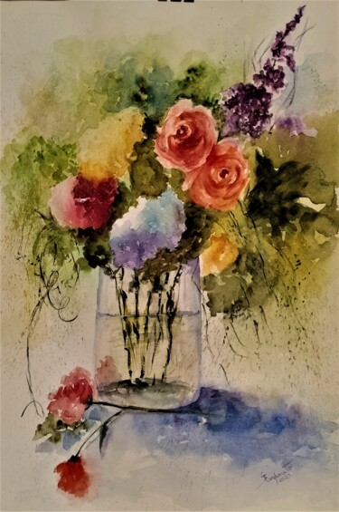 Pintura intitulada "Vaso de Flores" por Solange Esposito (SEsposito), Obras de arte originais, Aquarela