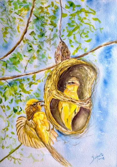 Schilderij getiteld "Pássaros Amarelos T…" door Solange Esposito (SEsposito), Origineel Kunstwerk, Aquarel