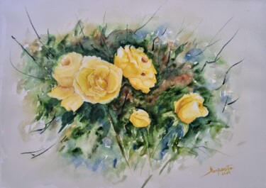 Painting titled "Rosas Amarelas" by Solange Esposito (SEsposito), Original Artwork, Watercolor