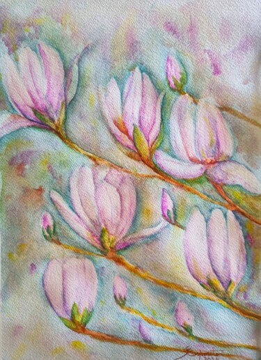 Pintura intitulada "Magnolias" por Solange Esposito (SEsposito), Obras de arte originais, Aquarela