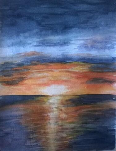 Pittura intitolato "Tramonto sul mare 2" da Solange Esposito (SEsposito), Opera d'arte originale, Acquarello