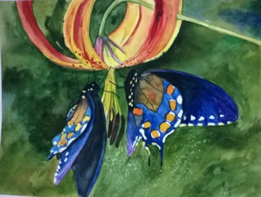 Pintura intitulada "Borboletas Azuis" por Solange Esposito (SEsposito), Obras de arte originais, Aquarela