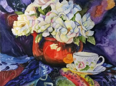 Pintura intitulada "Rosas brancas em ch…" por Solange Esposito (SEsposito), Obras de arte originais, Aquarela
