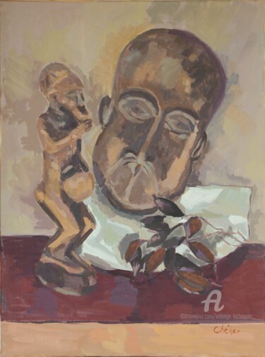 Painting titled "Masque et statuette…" by Chéker, Original Artwork, Oil Mounted on Wood Stretcher frame