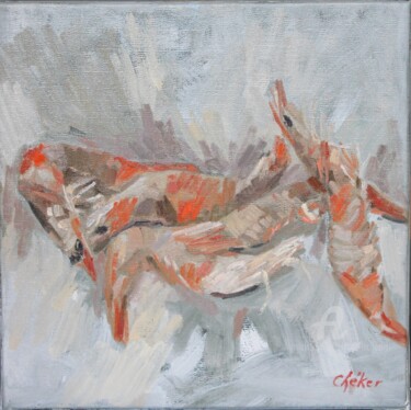Painting titled "Gambas de Gambie" by Chéker, Original Artwork, Oil Mounted on Wood Stretcher frame