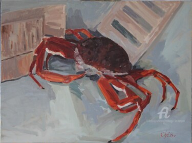 Painting titled "Araignée de mer" by Chéker, Original Artwork, Oil Mounted on Wood Stretcher frame