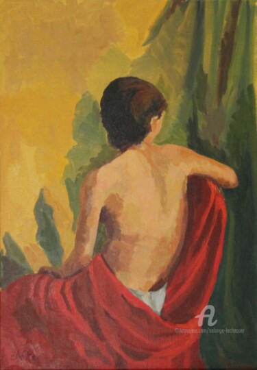 Painting titled "Nu féminin de dos" by Chéker, Original Artwork, Oil Mounted on Wood Stretcher frame