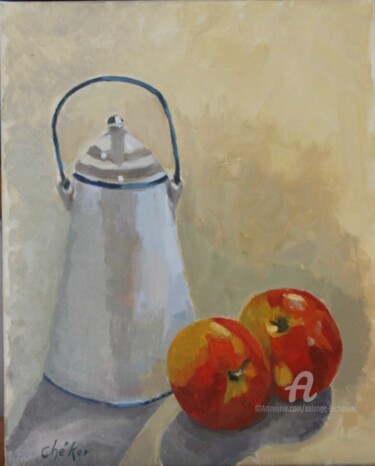 Pittura intitolato "Pot à lait et pommes" da Chéker, Opera d'arte originale, Olio