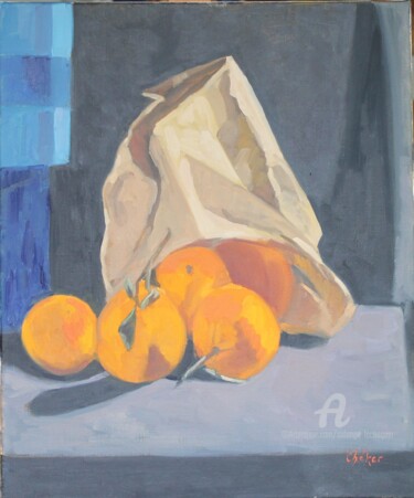 Картина под названием "Sac d'oranges renve…" - Chéker, Подлинное произведение искусства, Масло Установлен на Деревянная рама…