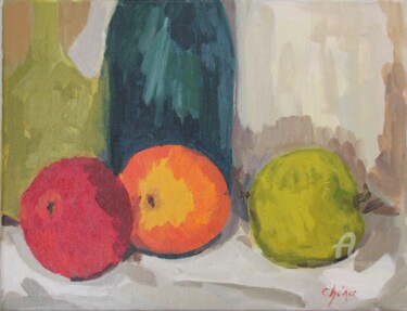 Painting titled "3 Pommes sur un tor…" by Chéker, Original Artwork, Oil Mounted on Wood Stretcher frame