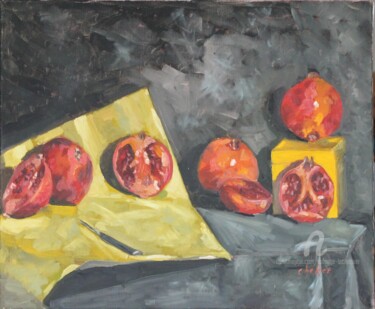 Painting titled "Nature morte aux gr…" by Chéker, Original Artwork, Oil Mounted on Wood Stretcher frame