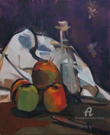 Peinture intitulée "Pommes, carafe et t…" par Chéker, Œuvre d'art originale, Huile Monté sur Châssis en bois