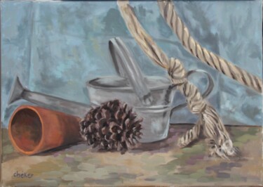 Ζωγραφική με τίτλο "Arrosoir,Pot terre…" από Chéker, Αυθεντικά έργα τέχνης, Λάδι Τοποθετήθηκε στο Ξύλινο φορείο σκελετό