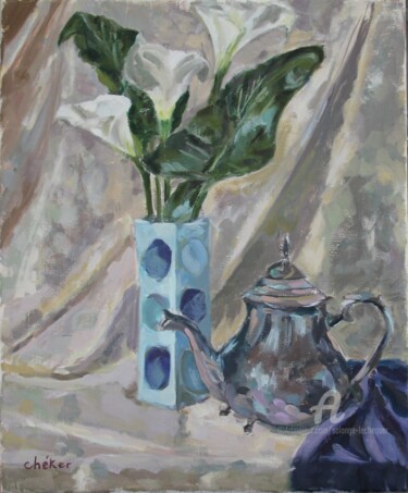 Painting titled "Vase bleu, fleurs a…" by Chéker, Original Artwork, Oil Mounted on Wood Stretcher frame