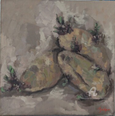 Painting titled "Les Pommes de terre…" by Chéker, Original Artwork, Oil Mounted on Wood Stretcher frame