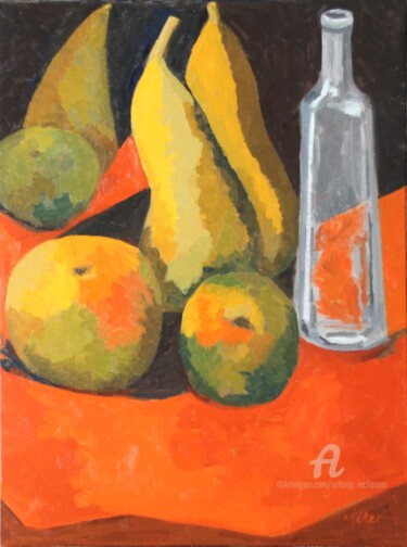 "Fruits et bouteille…" başlıklı Tablo Chéker tarafından, Orijinal sanat, Petrol Ahşap Sedye çerçevesi üzerine monte edilmiş