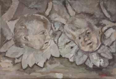 Schilderij getiteld "Les Angelots de la…" door Chéker, Origineel Kunstwerk, Olie Gemonteerd op Frame voor houten brancard