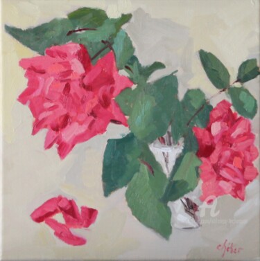 Painting titled "Les Roses Général S…" by Chéker, Original Artwork, Oil Mounted on Wood Stretcher frame
