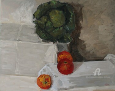 Painting titled "Nature Morte aux Tr…" by Chéker, Original Artwork, Oil Mounted on Wood Stretcher frame