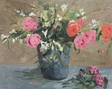 Painting titled "Bouquet de Pivoines" by Chéker, Original Artwork, Oil