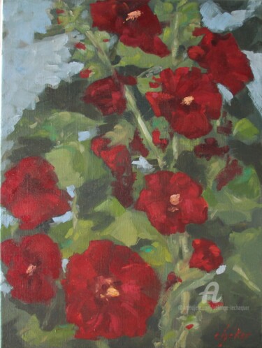 "Les Roses Trémières…" başlıklı Tablo Chéker tarafından, Orijinal sanat, Petrol Ahşap Sedye çerçevesi üzerine monte edilmiş
