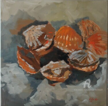 Painting titled "Les Coquilles Saint…" by Chéker, Original Artwork, Oil Mounted on Wood Stretcher frame