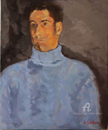 Painting titled "Pierre au Pull bleu" by Chéker, Original Artwork, Oil Mounted on Wood Stretcher frame